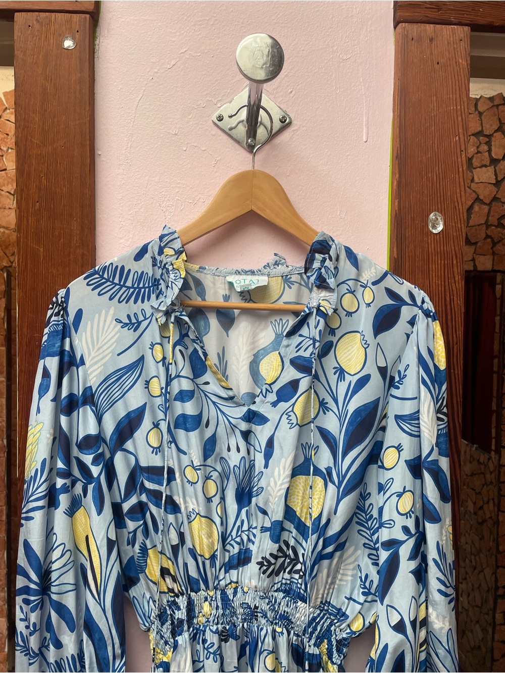 TAJ by Sabrina Crippa Blue and Yellow Floral Long Sleeve Smocked Dress - Picture 7 of 10
